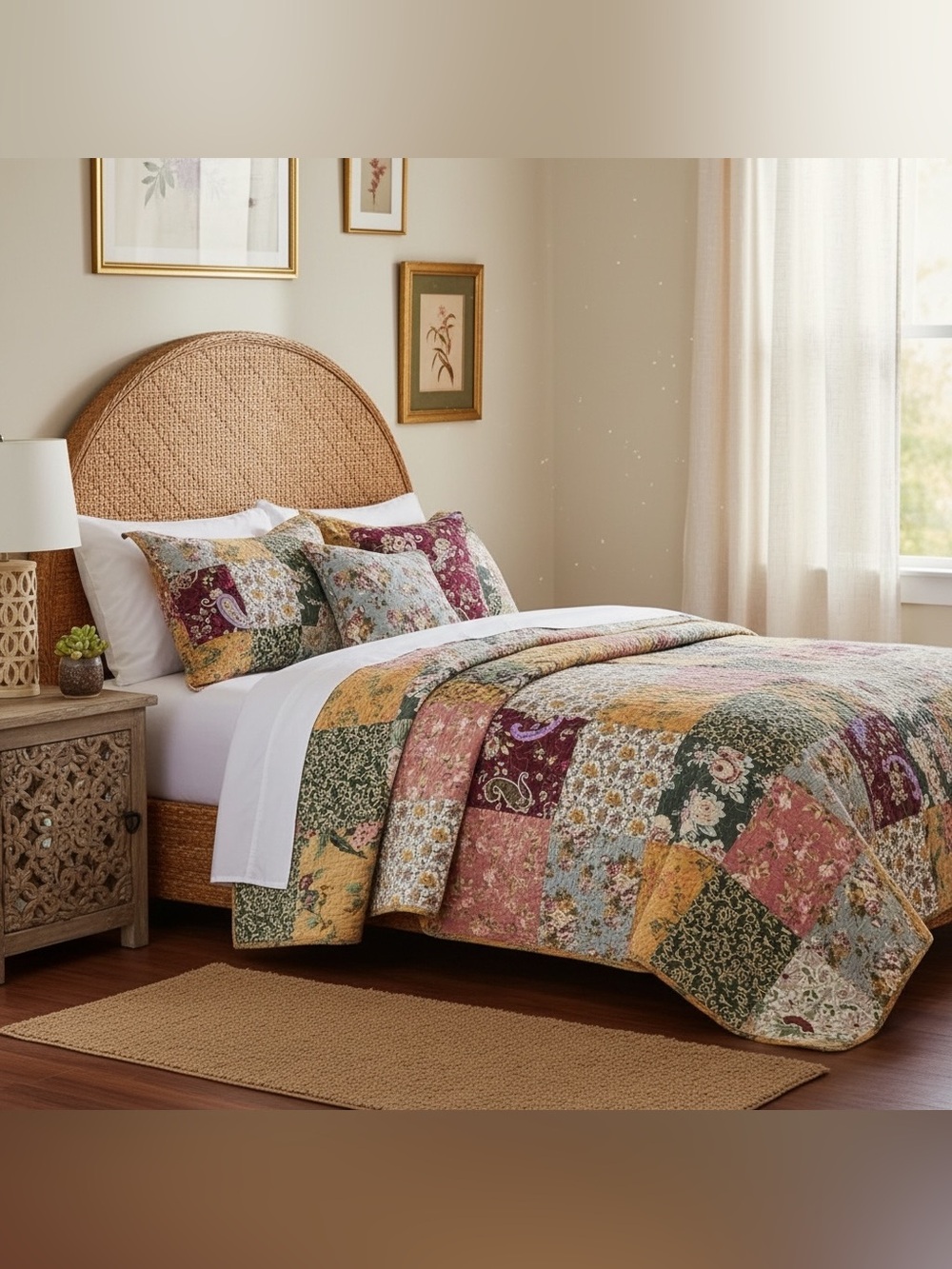 NEW Anthro Cotton Floral Reversible Patchwork Queen King Bedding Quilt Sham Set - Picture 9 of 15